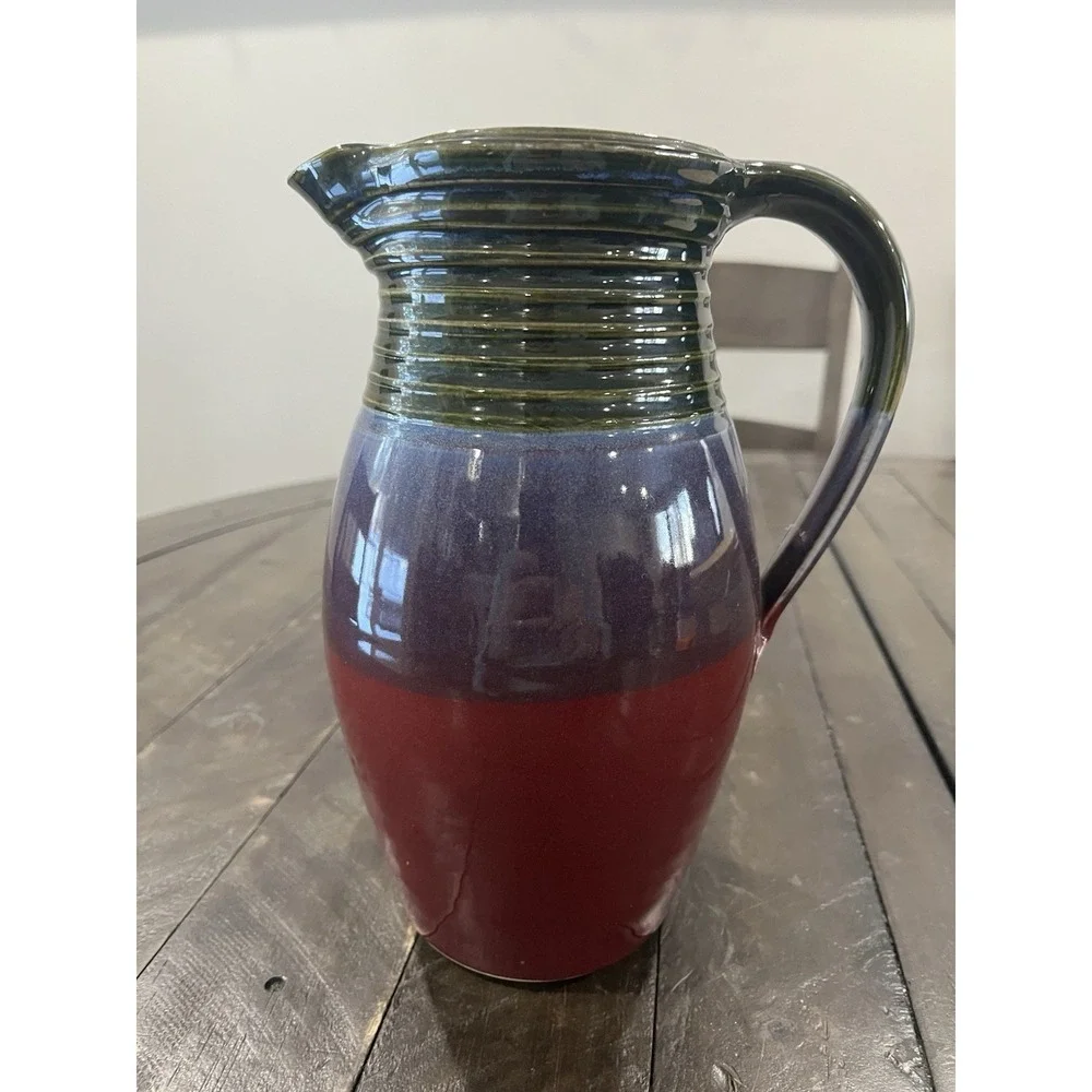 Vtg Pam Snyder Art Pottery Pitcher‎ Green Purple Maroon 9
